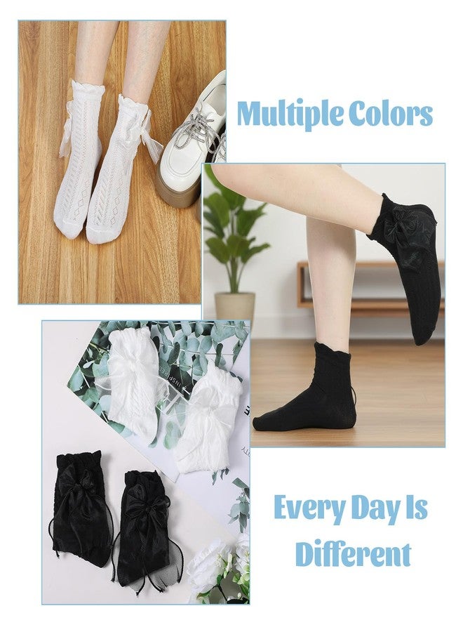 Nogeqi 2 Pairs Ruffle Socks with Bow, Cute Princess Lolita Frilly Socks for Women Girls, Breathable Cotton Lace Ankle Sock for Women(Black, White) - Image 4